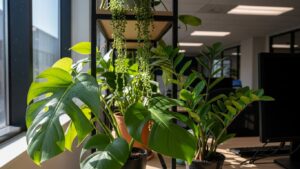 Office plants thriving under fluorescent lights with a window in the background.