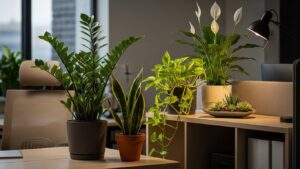 Various low-light office plants on a desk, including peace lilies and snake plants.