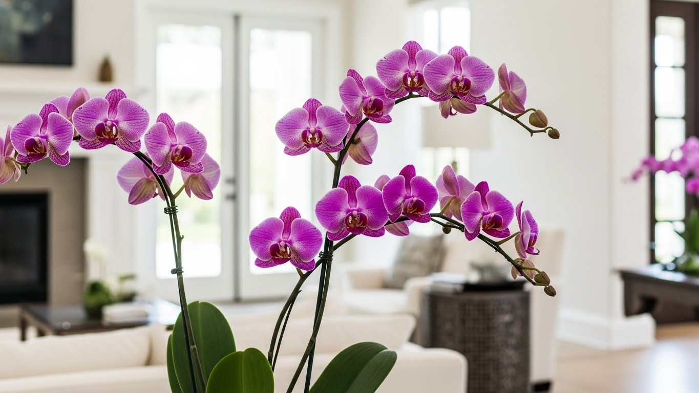 Purple orchids in a bright living room showcasing indoor plant care.