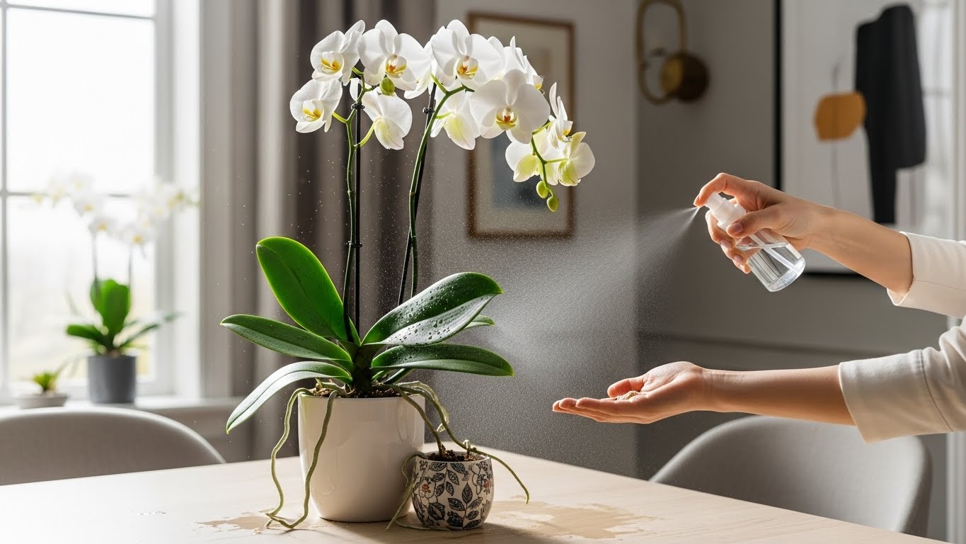 Woman spraying water on blooming white orchids, debunking orchid care myths.