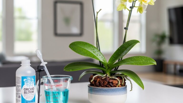 Phalaenopsis orchid with fertilizer bottles demonstrating orchid care tips.