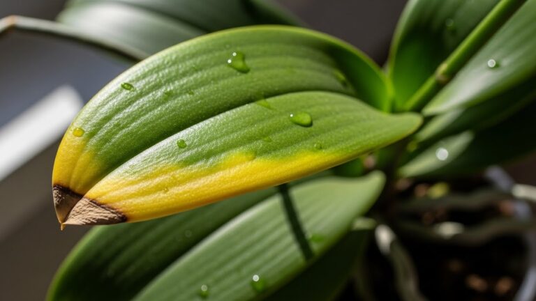 Close-up of orchid leaves turning yellow with water droplets.