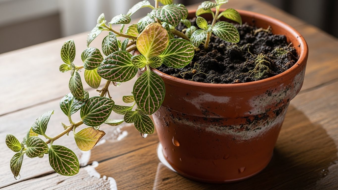 Overwatered Fittonia plant in pot with soggy soil and water droplets.