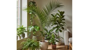 Parlor palm and other houseplants in a bright living room setting