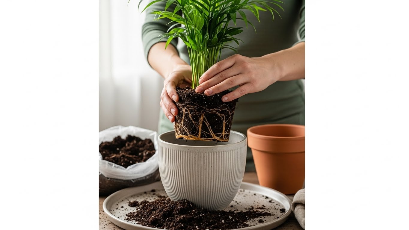Hands repotting a parlor palm with fresh soil into a ceramic pot