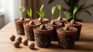 Young parlor palms in brown pots on an office desk