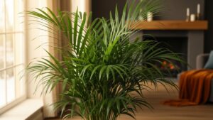 Parlor palm in modern apartment living room by window