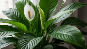 Peace Lily plant with lush green leaves and white flowers, air purifying indoor plant