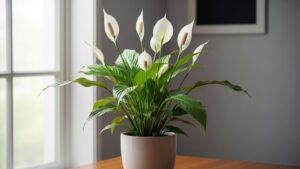 Beautiful peace lily plant showcasing lush green leaves and elegant white blooms indoors.