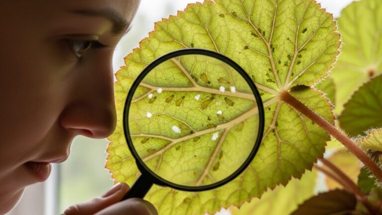 Close-up of indoor begonia leaves infested with spider mites and fungus gnats.