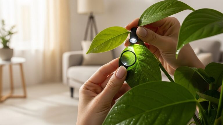 Inspecting indoor plant leaves for pests like fungus gnats and spider mites with a magnifying glass.