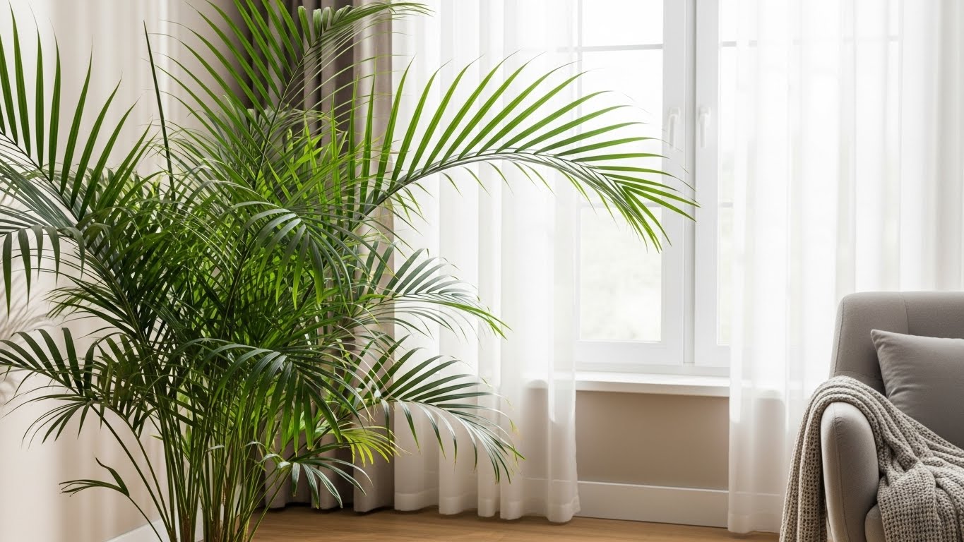 Healthy parlor palm indoors by a window with soft light
