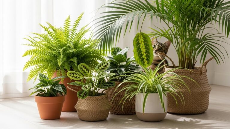 Pet-friendly indoor plants with a cat peeking through