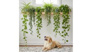 Pet-safe trailing plants on shelf above a happy dog in a bright room.