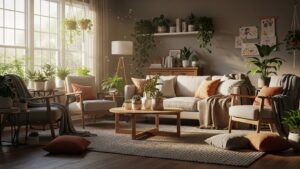 Cozy living room with pet-friendly houseplants and modern decor.
