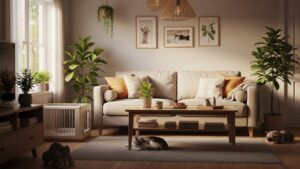 Cozy living room with pet-friendly indoor plants and a cat sleeping on the rug.