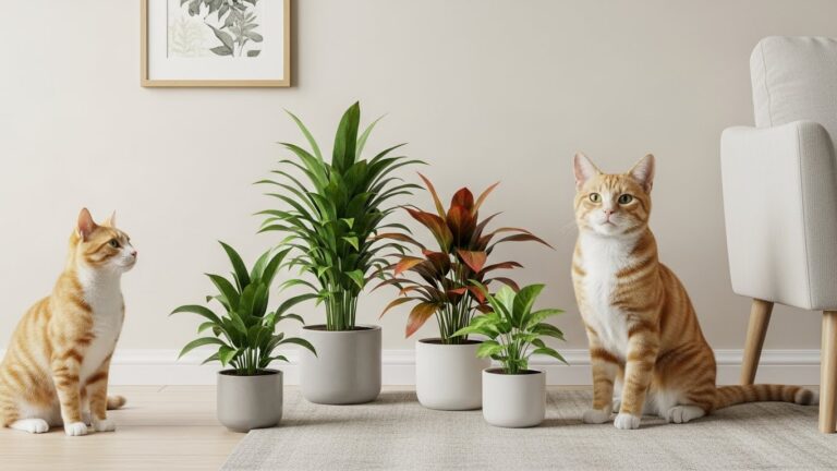 Cats sitting next to pet-friendly indoor plants in white pots.