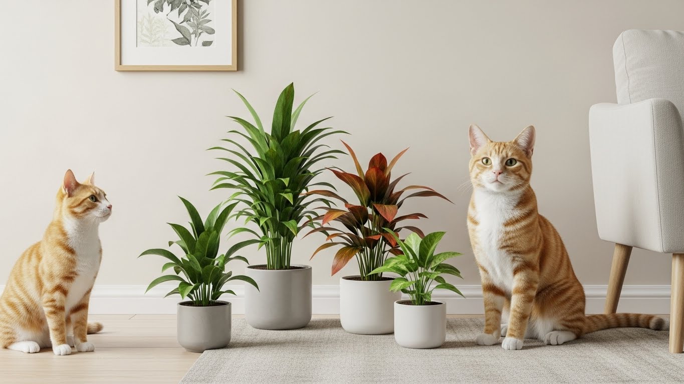 Cats sitting next to pet-friendly indoor plants in white pots.