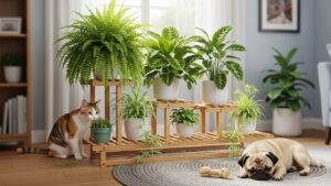 Cat and dog in a cozy room with stylish plant display