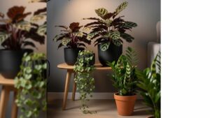 Pet-safe low light plants on a wooden bench indoors