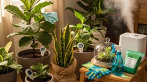 Non-toxic houseplants with humidifier, gardening tools, and thermometer