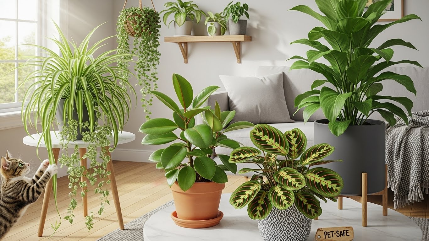 Pet-friendly houseplants with cat in modern living room setting