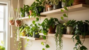 Pet-safe vining plants on wooden shelves in a bright room