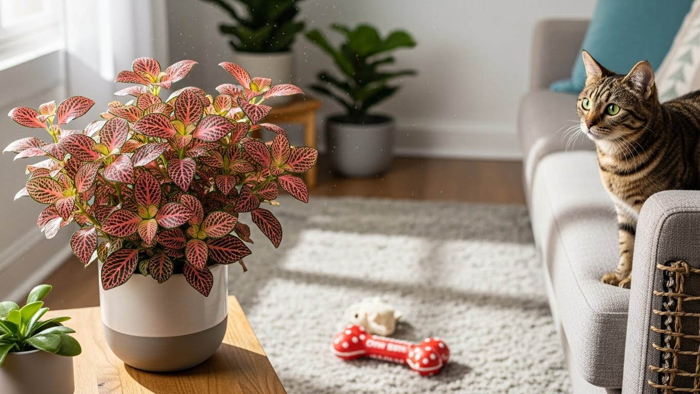 Fittonia plant on table with cat nearby in sunlit living room, pet safety