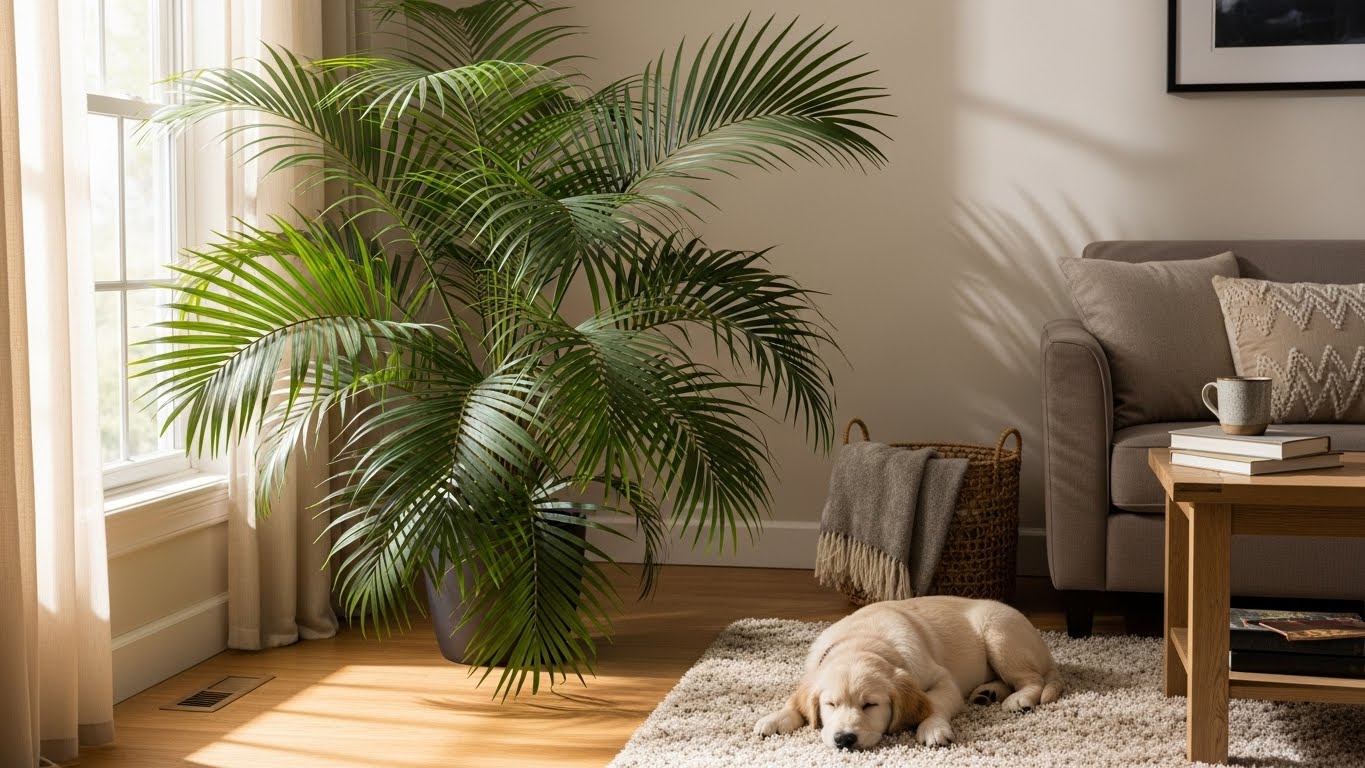 Kentia palm in living room with sleeping puppy, pet-safe plant.