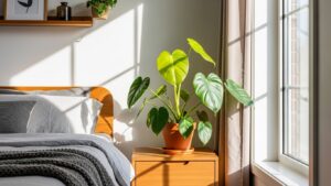 Philodendron plant on bedroom nightstand in natural light.