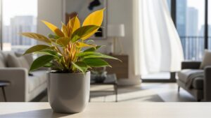 Philodendron plant in modern apartment interior with natural light