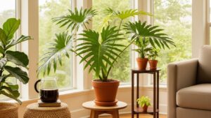 Philodendron plants in bright indoor setting by large windows