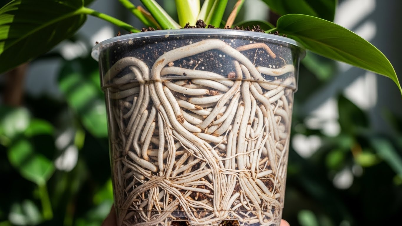 Philodendron roots overcrowded in a clear pot, signifying need for repotting