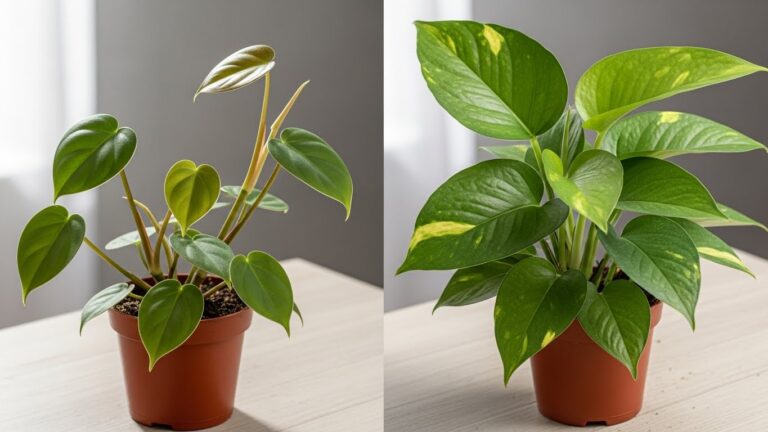 Comparison of philodendron and pothos plants on a table.