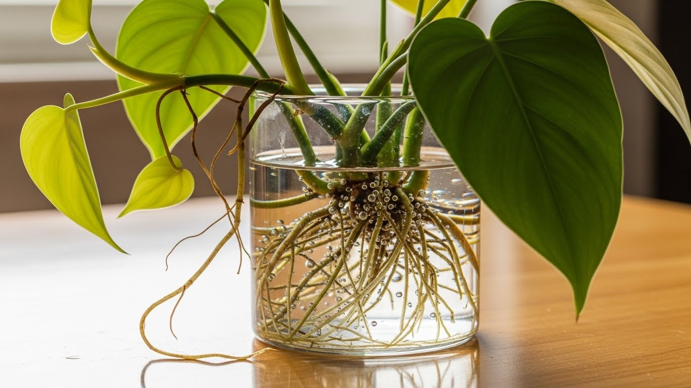 Philodendron plant thriving in a glass jar with water roots