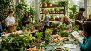Plant-based gathering with plant décor and vegan dishes on a table in a greenhouse setting.