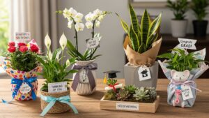 Array of potted plants for various gift occasions on wooden table