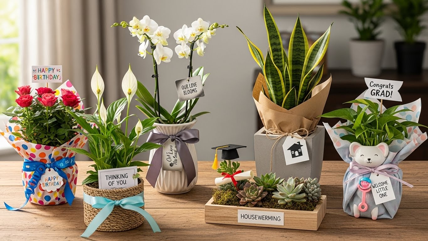 Array of potted plants for various gift occasions on wooden table
