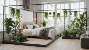 Studio apartment bedroom with hanging and potted plants by the bed