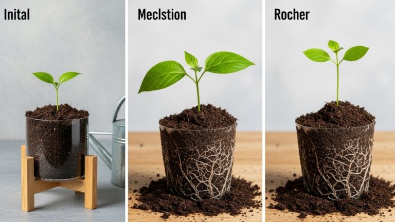 Three stages of plant growth in clear pots showing roots and leaves.