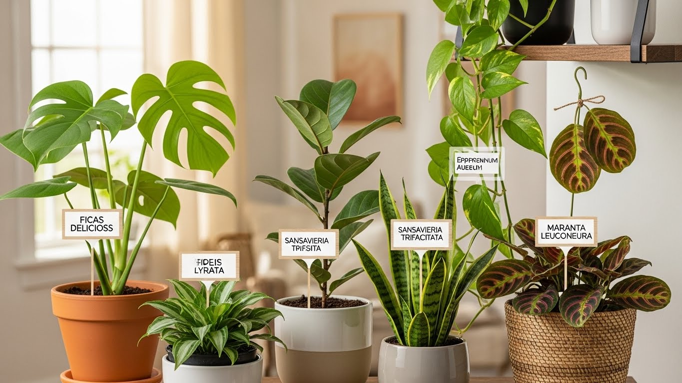 Indoor plants with labels for identification and care tips.