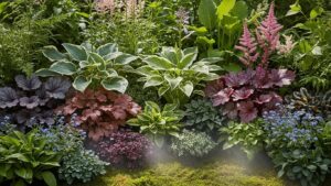 Diverse garden plants including hostas and astilbes arranged in a lush setting