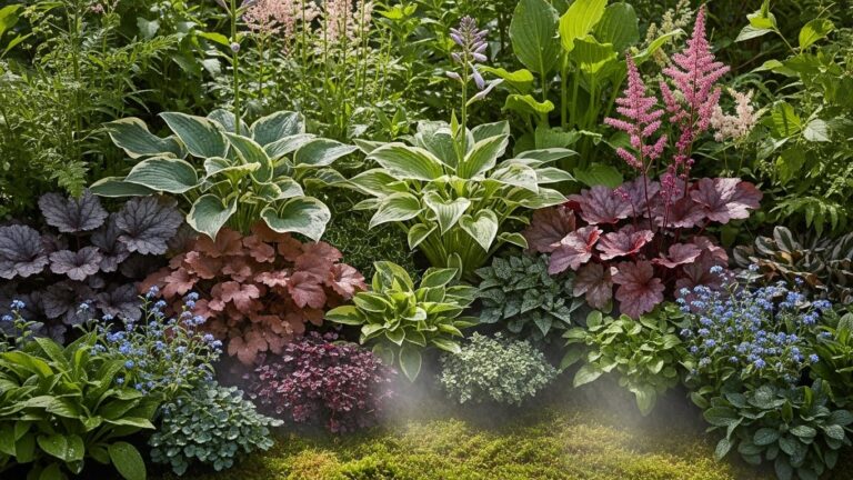 Diverse garden plants including hostas and astilbes arranged in a lush setting
