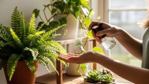 Person misting indoor houseplants with a spray bottle for plant care