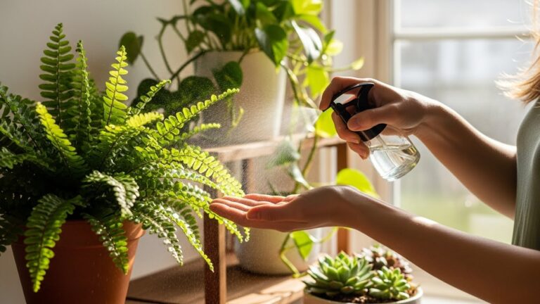 Person misting indoor houseplants with a spray bottle for plant care