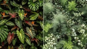 Vibrant foliage on the left, subtle textured greens on the right.