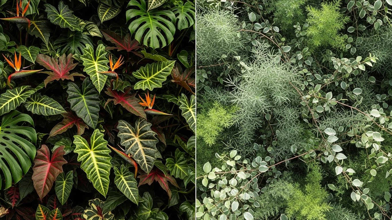 Vibrant foliage on the left, subtle textured greens on the right.