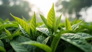 Young green leaves thriving in bright indirect light