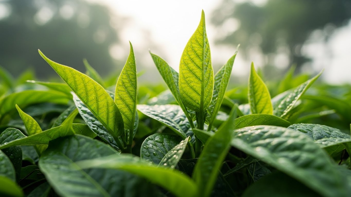 Young green leaves thriving in bright indirect light