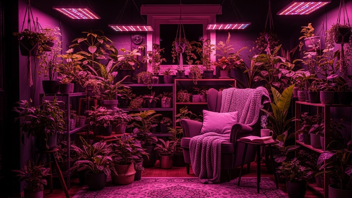 Indoor plants thriving under LED grow lights in a cozy environment